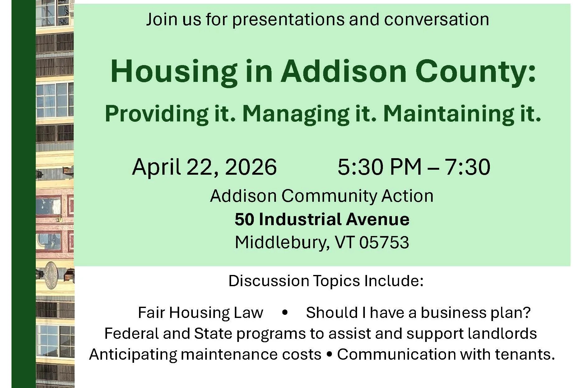 Housing in Addison County: Providing it. Managing it. Maintaining it.
